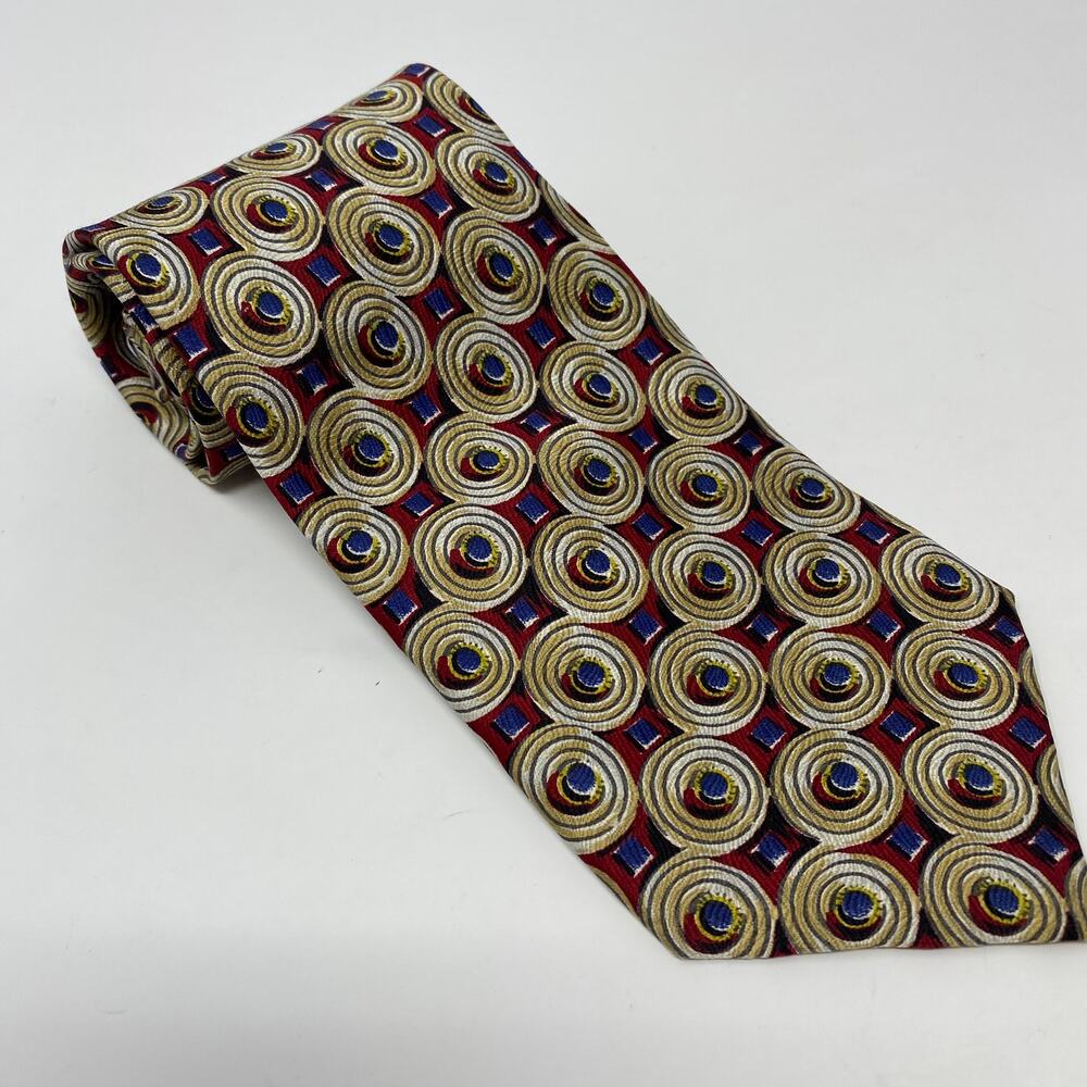 Ermenegildo Zegna Red Gold Circle Blue Square Pattern 58"x3.5" Silk Tie‎